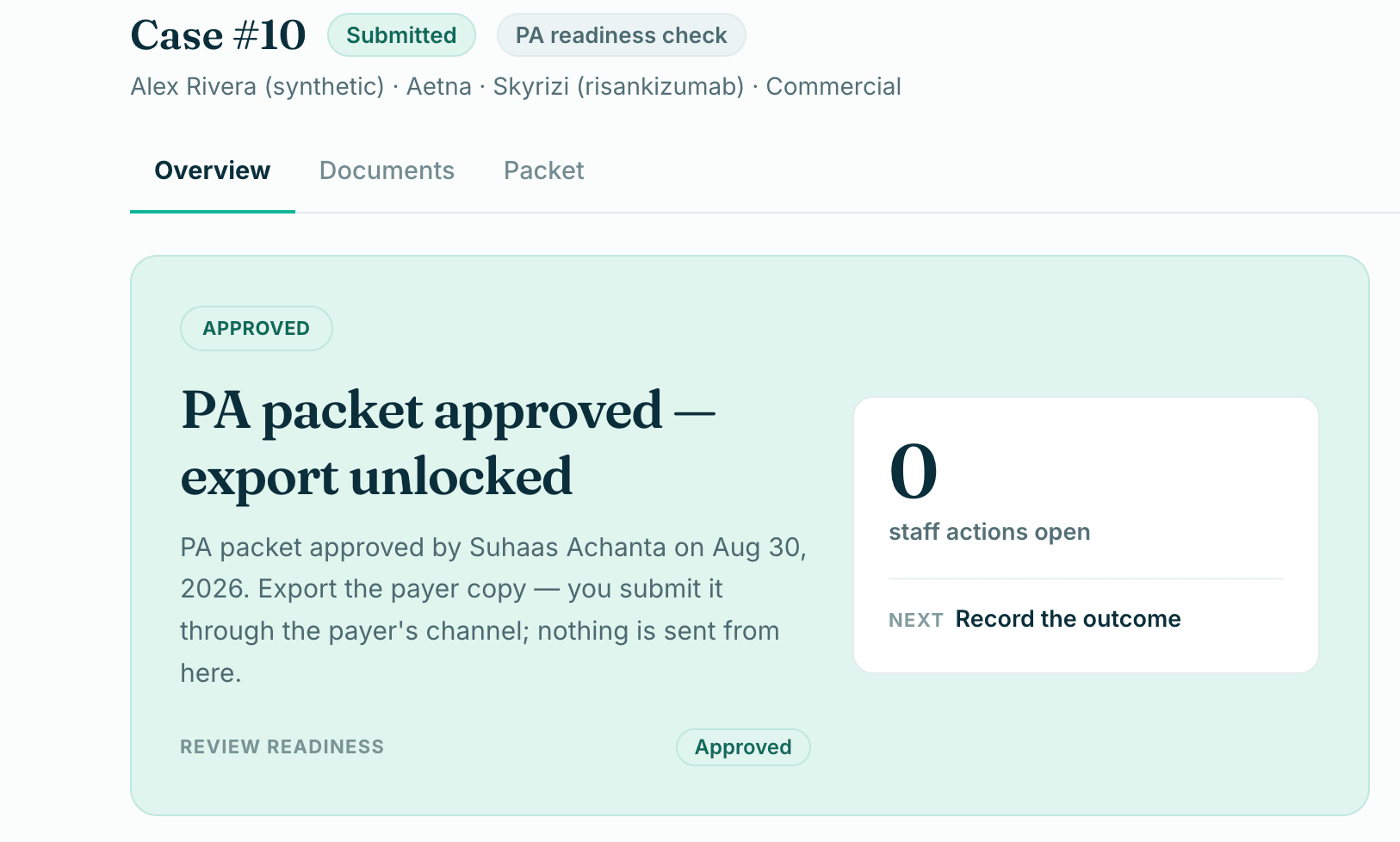 Case overview after approval on a synthetic case: PA packet approved, export unlocked, next step — record the outcome
